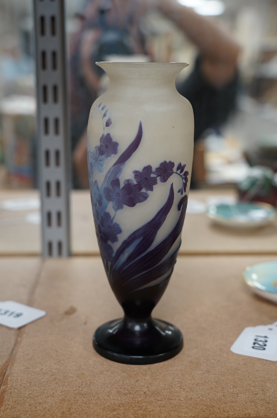 A Gallé tall blue iris vase, 20cm high. Condition - poor to fair, large chip to the rim and some surface scratches